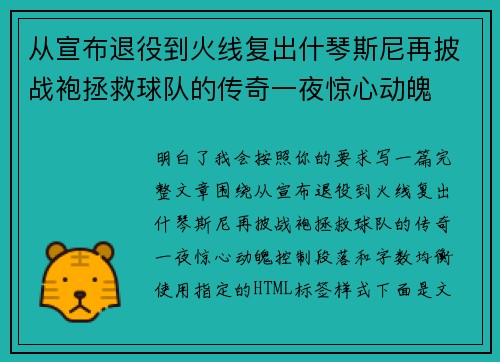 从宣布退役到火线复出什琴斯尼再披战袍拯救球队的传奇一夜惊心动魄