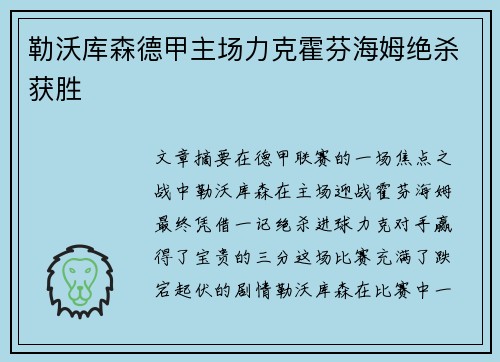 勒沃库森德甲主场力克霍芬海姆绝杀获胜